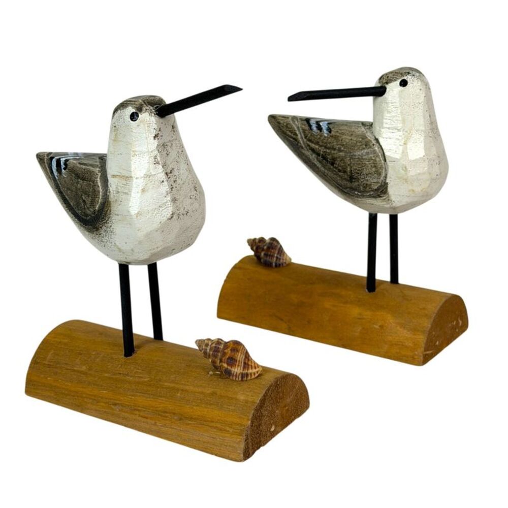 Decorative Seabird Figurine Set 2 Coastal Wood Bird Statues 4.75 in White